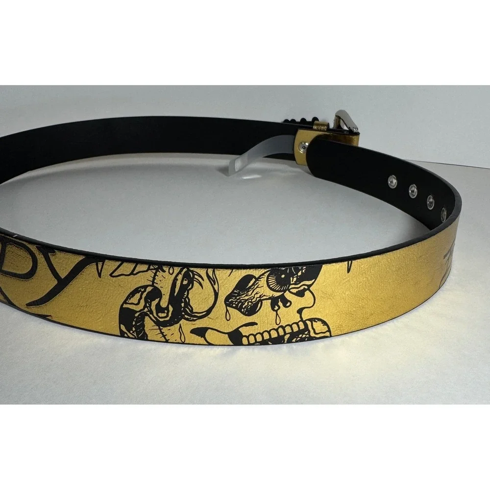Ed Hardy Mens Gold Metallic Tattoo Print Belt Tiger Skull Snake Size 36 Y2K